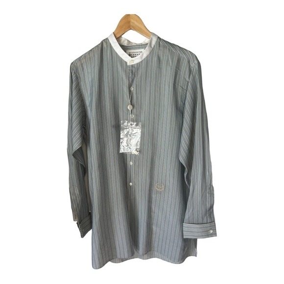 Maison Margiela Blue Pinstriped Band Collar Men’s Long Sleeve Button Up Shirt - Picture 3 of 11